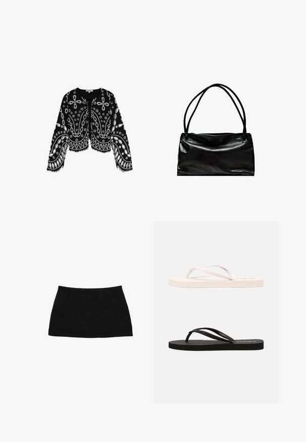 Scalpers Blouse - black; Zwarte katoenen minirok met een nauwsluitende tailleband. Vlotte textuur, eenvoudig ontwerp en rechte zoom. Geen extra patronen of zichtbare hardware.; Witte en zwarte rubberen slippers met een gestructureerde voetbed, dunne bandjes en contrasterende kleuren. Elk paar heeft een eenvoudig ontwerp en minimale branding.; Zwarte leren tas met een gladde structuur, rechthoekige vorm en twee lange handgrepen. Eenvoudig ontwerp zonder zichtbare hardware of versieringen.