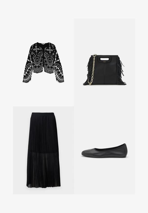 Scalpers Blůza - black; Černá plisovaná midi sukně s hladkým elastickým pasem a průhlednou vrstvou, která má jemné vertikální plisování po celé látce.; Černé kožené baletní byty s kulatou špičkou, hladkou texturou, minimálními švy a flexibilním designem podrážky.; Černá kožená kabelka s třásněmi, zlatým řetízkovým ramenním popruhem a rukojetí s výřezem. Na přední straně se nachází logo.