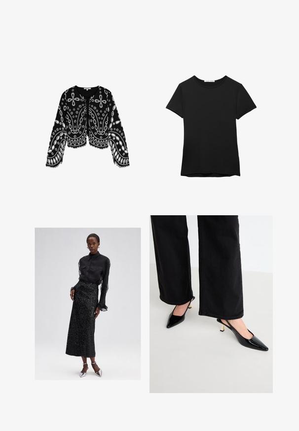 Scalpers - Bluzka; Czarny t-shirt z krótkim rękawem wykonany z gładkiego materiału. Posiada okrągły dekolt i luźny krój z prostym wykończeniem hemu.; Czarna bluzka z guzikami i przezroczystymi rękawami, w zestawieniu z czarną spódnicą midi pokrytą cekinami oraz srebrnymi butami na wysokim obcasie. Elegancki i teksturowany design.; Simmi London JUNE czarny