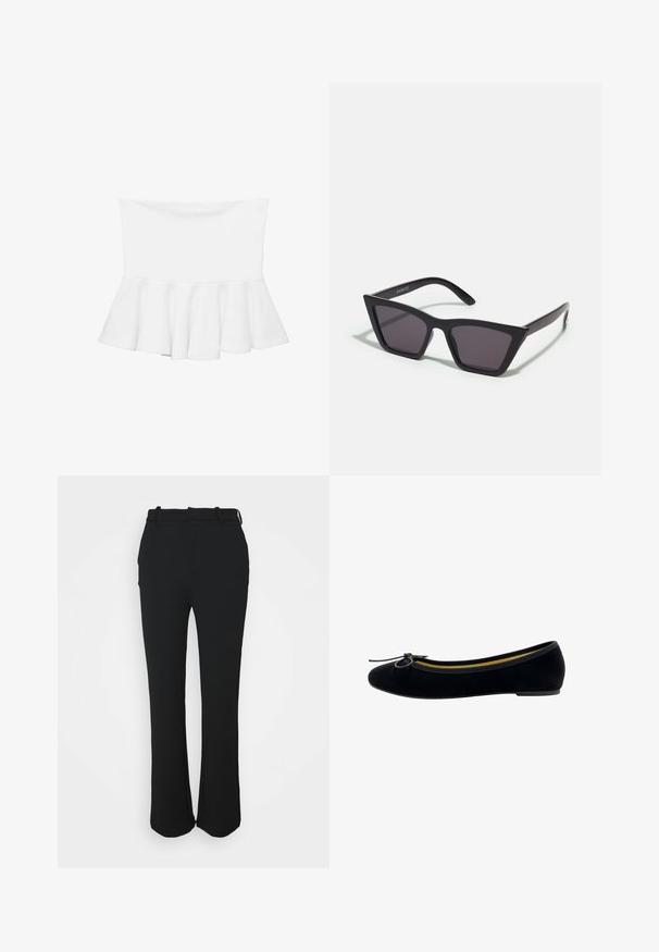White peplum top with a fitted bodice and flared hem. Smooth, stretchy fabric with no visible patterns or hardware details.; Black, tailored trousers with a smooth finish, straight leg design, and a waistband. Features subtle stitching details and no pockets.; Black velvet ballet flats featuring a round toe, a small bow accent on the front, and a contrasting yellow interior lining.; Black, angular sunglasses with gray lenses; made of plastic, featuring thick arms with a smooth surface and no visible hardware.; Brown leather handbag with two sturdy handles, rectangular shape, smooth texture, and zip closure. Minimalist design with no visible patterns.