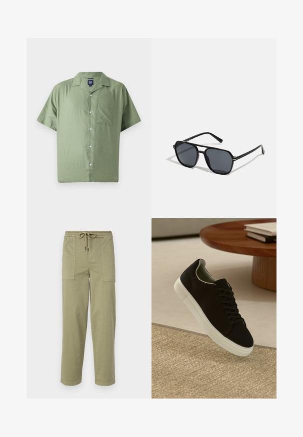 GAP Krekls - twig; Gaišolīci zaļas bikses no kokvilnas maisījuma auduma, ar elastīgu jostu un saiti, kā arī divām lielām sānu kabatām.; Melni sporta apavi ar baltu zoli, kas peld virs bēša tekstūrēta paklāja netālu no apaļa koka galda ar sakrautiem grāmatām.; Melnas saules brilles ar astoņstūra rāmī, tumšiem stikliem, spīdīgu apdari, plānām kājām un zelta akcentiem priekšpusē.