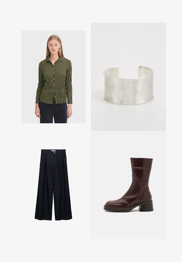 Košulja dugih rukava s uzorkom u zelenoj i smeđoj boji, s ovratnikom i suptilnom teksturom.; Svijetlobejž kašmirna majica kratkih rukava s pričvršćenim detaljem šal koji pada oko izreza.; Tamno plave široke traperice visokog struka, koje imaju prednje kopčanje na dugme, dva bočna džepa i detalje šivanja.; MIISTA MALENE - Klasične gležnjače - brown; Zign Narukvica - silver-coloured