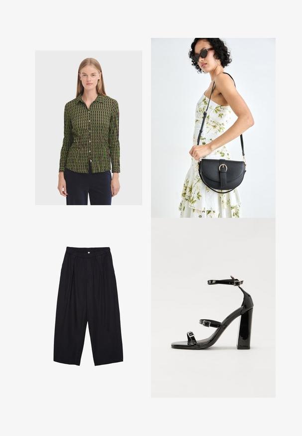 Langärmeliges Hemd mit Knopfleiste, das ein geometrisches Muster in Grün und Braun aufweist, mit einem kragenförmigen Ausschnitt und subtiler Textur.; Schwarze Polyester-Culotte mit einem elastischen Bund, zwei vorderen Falten und einer lockeren Silhouette. Keine sichtbaren Muster oder Hardware-Details.; Schwarze patentierte Sandalen mit Absatz, quadratischer Spitze, Knöchelriemen und silbernen Schnallen. Mit einem stabilen Blockabsatz für mehr Stabilität.; Schwarze Lederhandtasche mit geschwungener Form, abnehmbarem Tragegurt und goldenen Beschlägen. Die Tasche verfügt über einen Deckel mit einer Schnallen-Details.
