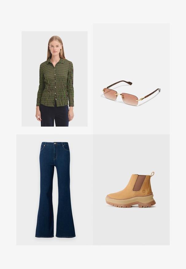 Košeľa s dlhým rukávom a gombíkmi, ktorá sa vyznačuje geometrickým vzorom v zelenej a hnedej farbe, s golierom a jemnou textúrou.; Rozšírené tmavomodré džínsy vyrobené z denimu. Medzi vlastnosti patrí zapínanie na prednom gombíku, dizajn s piatimi vreckami a prešívané detaily na vreckách.; Hnedé kožené členkové topánky s elastickými bočnými panelmi, okrúhlou špičkou a hrubou gumovou podrážkou s hlbokým vzorom; obsahujú pútko na päte.; Obdĺžnikové slnečné okuliare s ružovými gradientnými šošovkami, ktoré obsahujú jemný vzor loga. Zlaté kovové detaily a rám v korytnačkovom vzore zvyšujú estetiku dizajnu.