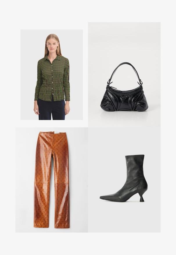 Long-sleeve button-up shirt featuring a geometric pattern in green and brown, with a collared neckline and subtle texture.; Brown faux leather pants featuring a textured surface with crescent pattern, high-waisted design, and straight leg silhouette.; Black leather ankle boot with pointy toe, textured toe cap, and a slim, conical heel. Smooth surface with subtle stitching details.; Black handbag made of textured leather with a rounded shape. Features a thin shoulder strap and decorative embossed patterns.