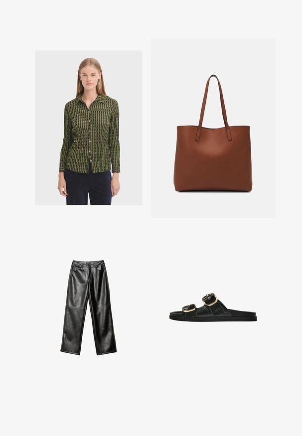 Košeľa s dlhým rukávom a gombíkmi, ktorá sa vyznačuje geometrickým vzorom v zelenej a hnedej farbe, s golierom a jemnou textúrou.; Čierne kožené nohavice so širokými nohavicami, hladkým povrchom, piatimi vreckami a prešívaním pozdĺž nôh a pásu.; Čierne šľapky s dvoma zlatými prackami, hladký textúrovaný materiál, plochá podrážka a minimalistický dizajn.; Hnedá kožená taška na rameno s hladkou textúrou, otvoreným vrchom a dvoma ramenými popruhmi. Má minimálne šitia a žiadne viditeľné kovania.