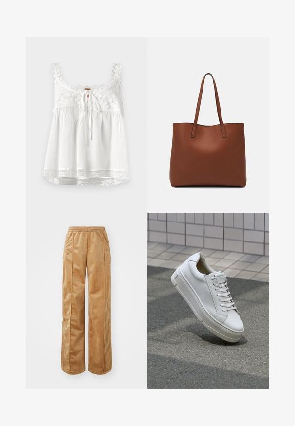 Top alb fără mâneci, cu detalii din dantelă la decolteu și la bretele, închidere cu fundă în față și margine din dantelă la tiv. Material ușor.; Pantaloni largi de culoare bej, realizati dintr-un material moale si catifelat. Dispun de un tiv elastic și cusături verticale pe față pentru un detaliu adăugat.; Adidași din piele albă cu un design low-top, șireturi plate, vârf rotund și laturi texturate. Talpă groasă din cauciuc cu accente subtile.; Geantă de umăr din piele maro cu o textură netedă, design cu vârf deschis și două curele pentru umăr. Prezintă cusături minime și fără componente metalice vizibile.