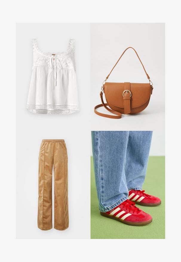 Balta be rankovių palaidinė su nėrinių detalėmis ant iškirptės ir petnešų, priekinio raiščio uždarymas ir nėrinių apdaila ties apačia. Lengva medžiaga.; Kreminės pločio kojų kelnės, pagamintos iš švelnaus, veliūrinio audinio. Yra elastinga juosmens juosta ir vertikalios siūlės priekyje, suteikiančios papildomo akcento.; Raudoni nubuko sportbačiai su trimis baltais dryžiais, apvaliu pirštu ir tekstūruotu padu, derinami su šviesiai mėlynomis džinsinėmis kelnėmis ant žalio fono.; Ruda odinė kryžminė rankinė, turinti kreivą formą, auksinius metalinius elementus ir sagtį. Yra nuimama petneša.