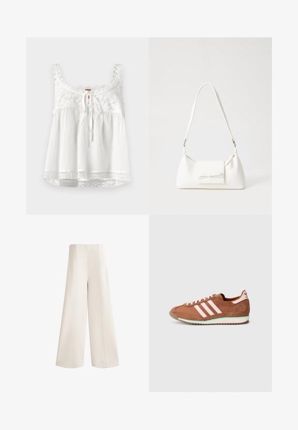 Biely bezrukávový top s čipkovými detailmi na dekolte a ramienkach, predné šnurovanie a čipkový lem na spodku. Ľahký materiál.; Široké nohavice z mäkkej krémovej tkaniny. Majú vysoký pás, rovné strihy a výrazné švy pozdĺž švov. Žiadne viditeľné vrecká.; Hnedý a ružový teniska Adidas s detailmi zo semišu, tromi ružovými pruhmi na boku a bielou podrážkou so zeleným akcentom.; Biela syntetická kabelka s trojuholníkovým tvarom, plochým predným klapkou a detailom mašle, nastaviteľným popruhom, hladkou textúrou a minimalistickým dizajnom.