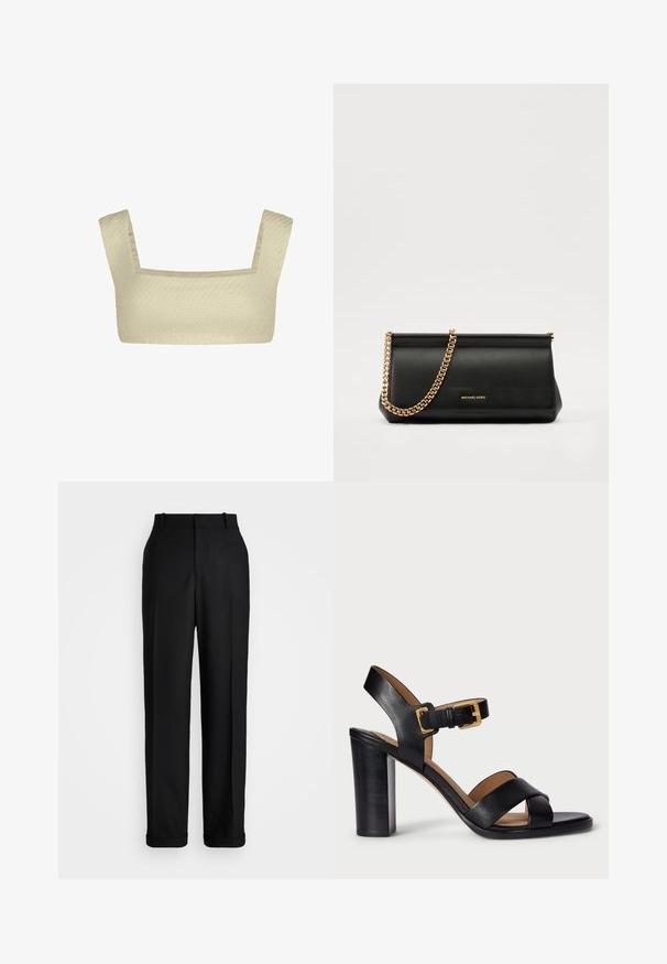 Crème-kleurige beha met een gestructureerd, geweven patroon. Vierkante halslijn en brede bandjes zorgen voor een gestructureerd ontwerp. Soepele binnenvoering.; Polo Ralph Lauren HIGH RISE RELAXED STRAIGHT TROUSER - Broek - black; Zwarte leren sandaaltjes met hak, voorzien van een kruisbandontwerp en een sluiting met gesp. Kenmerkt zich door een chunky hak en een gladde textuur.; Zwarte leren clutch tas met een gouden kettinghengsel, voorzien van een gladde textuur, rechthoekige vorm en reliëfmerk op de voorkant.