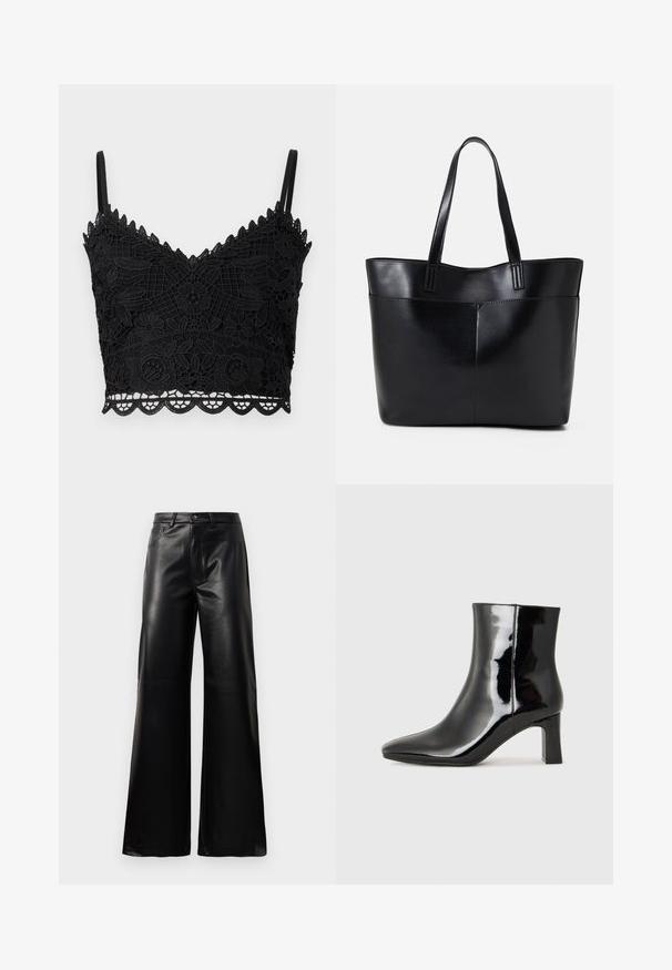 Melnā mežģīņu bralette ar ziedu rakstu, viļņotām malām, regulējamām siksnām un teksturētu audumu. Gaisīgs un cieši pieguļošs dizains.; Melnas augstās jostas platajās kājās sintētiskās ādas bikses ar priekšējo pogu, rāvējslēdzēju, jostas cilpām un sānu kabatām uz baltā fona.; Melnas patentētas ādas potīšu zābaki ar norādītu pirkstu un vidēja augstuma kvadrātveida papēdi. Gluda tekstūra un minimālisma dizains.; Melnas ādas iepirkumu soma ar divām garām rokturām, gludu tekstūru un strukturētu formu. Iekļauj priekšējo kabatu papildu uzglabāšanai.