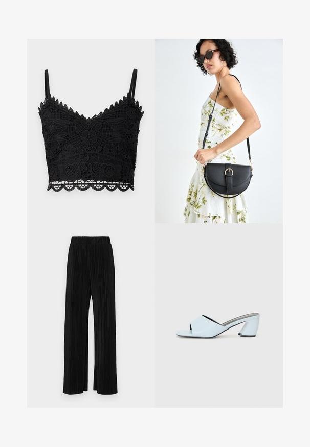 Czarny koronkowy biustonosz w kwiatowy wzór, z falbankami, regulowanymi ramiączkami i teksturowanym materiałem. Lekka i dopasowana konstrukcja.; Czarne spodnie plisowane z elastycznym paskiem w talii. Posiadają szerokie nogawki oraz gładki, teksturowany materiał z pionowymi paskami.; Jasnoniebieskie klapki na wysokim obcasie z otwartym noskiem, ozdobione geometrycznym wzorem, z szerokim paskiem na stopie i masywnym, kątowym obcasem.; Czarna skórzana torebka o zakrzywionym kształcie, z odpinanym paskiem i złotymi akcentami. Torebka posiada klapę z zapięciem w kształcie klamry.