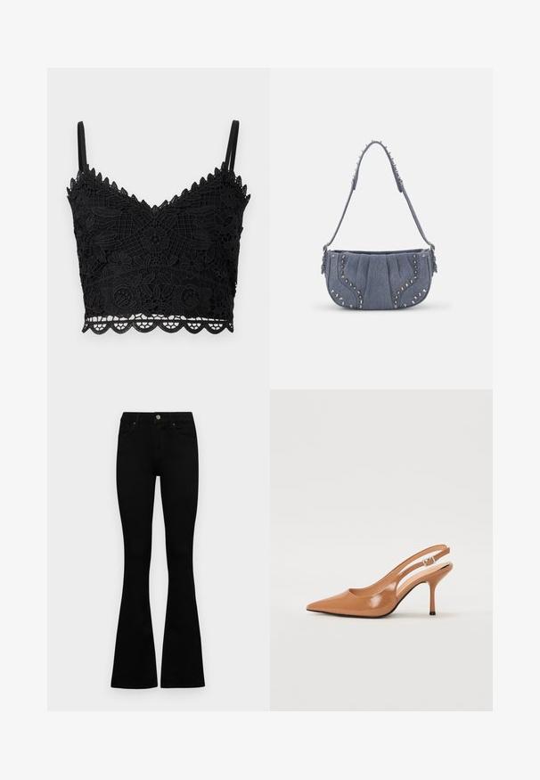 Svart blonde bralette med blomstermønster, bølgete kanter, justerbare stropper og teksturert stoff. Lett og tettsittende design.; Sorte høytlivsjeans med knapp og glidelås, frontlommer og utsvingte bein liggende flatt på en hvit bakgrunn.; Spiss tå slingback hæl i et glat, glinsende brunt materiale. Har et buet utskårent design og en slank stilett hæl. Sølvspenne detalj.; Denim skulderveske med plisserte detaljer, blå farge, sølv nagler langs kantene og en teksturert stropp.