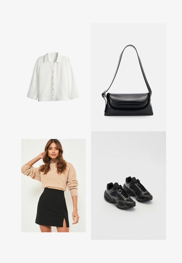 Camicia bianca con bottoni realizzata in tessuto leggero con finitura testurizzata. Presenta un colletto, maniche lunghe e sei chiusure a bottone sul davanti.; Maglione beige a maglia con polsini a coste abbinato a una mini gonna nera con uno spacco laterale. L'outfit presenta una silhouette rilassata ma aderente.; Scarpe sportive nere in materiale sintetico, con dettagli in mesh e suole arrotondate. Presentano un sistema di allacciatura e un logo Nike ben visibile sulla linguetta.; Borsa a tracolla nera in pelle con una forma strutturata, una texture liscia e una singola tracolla. Presenta un design a patta arrotondata e discreta.; Orologio Casio al quarzo argento con quadrante rettangolare, display analogico e digitale, bracciale in acciaio inossidabile e caratteristiche di resistenza all'acqua.