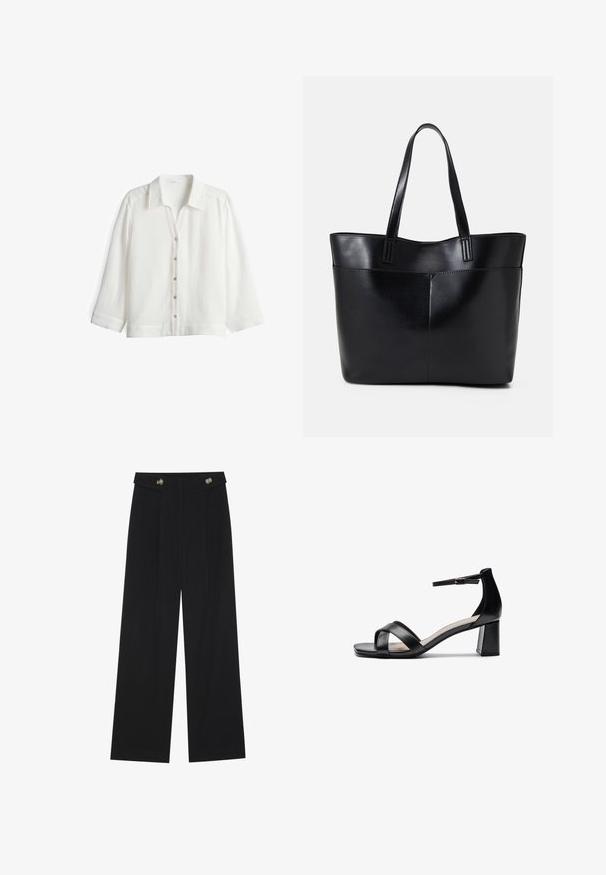 White button-up shirt made of lightweight fabric with a textured finish. Features a collar, long sleeves, and six button closures down the front.; Black wide-leg trousers with high waist, button details on waistband, and front pleats.; Black open-toe heeled sandal with crossed straps, adjustable ankle strap, and a chunky heel, featuring a smooth leather texture.; Black leather tote bag with two long handles, a smooth texture, and a structured shape. Features a front pocket for additional storage.