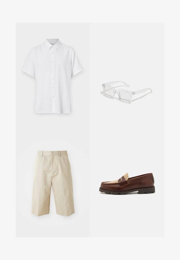 Valge lühikeste varrukatega särk kergest lina materjalist. Omab nurgelise krae ja seitse nööpi esiosas. Lihtne disain, nähtavaid mustreid pole.; Pika, pikkide varrukatega valge puuvillane T-särk, millel on ümar kaelus ja soonikkoes mansetid. Lihtne, kaunistusteta disain, mis hõlmab siledat tekstuuri ja standardset sobivust.; Beisid lahkelt lõigatud lühikesed püksid, millel on vöötsangad, volditud eesmine osa ja sile puuvillane tekstuur. Ilma taskute või lisadeeta.; Pruunist nahast loaferid taupe-kangasaktsentiga, õmmeldud detailide ja tekstuurse kummitaldiga, mis on loodud mugavuse ja vastupidavuse tagamiseks.; Selged ristkülikukujulised prillid paksust plastikust raamiga, millel on kergelt tumendatud objektiivid ja ilma täiendavate mustrite või aktsentideta.; Viie hõbesõrmuse komplekt, millel on erinevad disainid: ahelamuster, sile riba, täpikogum ja avatud aktsendid.