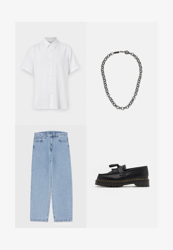 Chemise blanche à manches courtes en lin léger. Elle dispose d'un col pointu et de sept boutons sur le devant. Design simple, sans motifs visibles.; Jean en denim bleu clair avec une coupe droite, présentant une taille mi-haute, cinq poches, et une fermeture à bouton et à fermeture éclair.; Mocassin en cuir noir avec un accent à frange, doté d'une semelle épaisse noire et d'une couture jaune le long du bord. Fini texturé.; Collier en métal avec des maillons allongés dans une couleur gunmetal foncé. Comprend un accent géométrique et un fermoir avec des détails de marque.