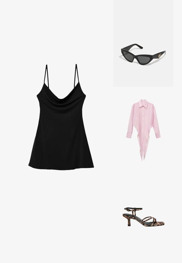 Rosa Langarmshirt mit spitzem Saum, Knopfleiste und klassischem Kragen. Leichte, durchsichtige Stoff mit glatter Textur.; Schwarzes ärmelloses Top mit einem Cowled-Ausschnitt, hergestellt aus glattem Stoff. Verfügt über dünne, verstellbare Träger und eine ausgestellte, fließende Silhouette.; Leopardenmuster Absatzsandalen mit Quadratzehen, mehreren Riemen und einem mittelhohen Absatz. Hergestellt aus weichem Textilmaterial.; Cat-Eye-Sonnenbrille mit mattem schwarzen Kunststoffrahmen, dunklen Gläsern und einem goldenen Logoplatz auf dem Bügel. Winkeliges Design und glatte Oberfläche.; Michael Kors Clutch in beige beschichtetem Canvas mit einem wiederholten MK-Logo-Muster, goldfarbener hardware und einem abnehmbaren Kettenriemen.