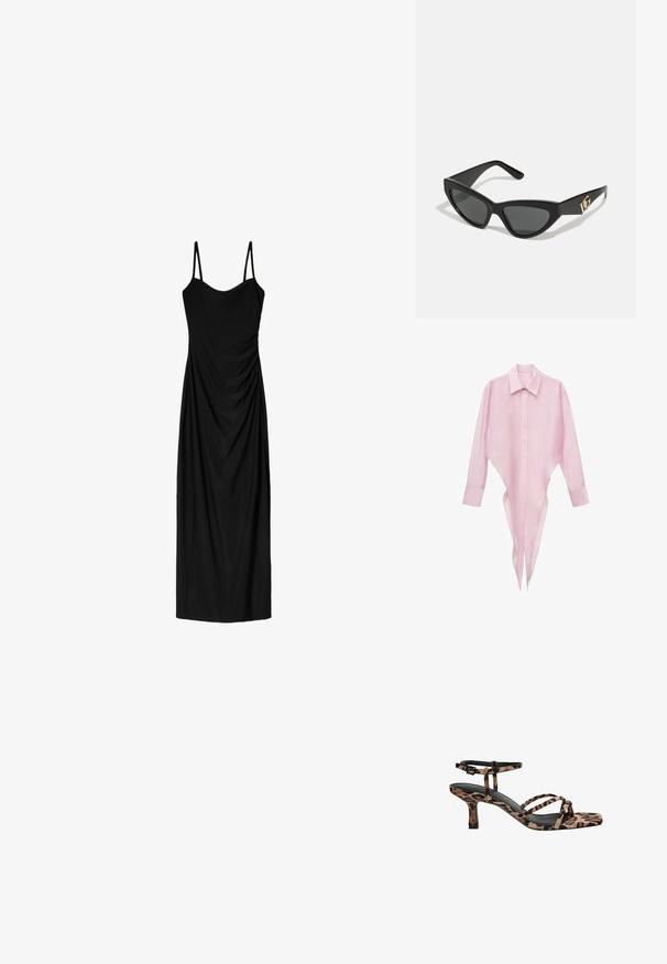 Rosa Langarmshirt mit spitzem Saum, Knopfleiste und klassischem Kragen. Leichte, durchsichtige Stoff mit glatter Textur.; Schwarzes Midi-Kleid mit dünnen verstellbaren Trägern, das ein drapiertes Design und eine glatte Textur aufweist. Keine sichtbaren Muster oder Verzierungen.; Leopardenmuster Absatzsandalen mit Quadratzehen, mehreren Riemen und einem mittelhohen Absatz. Hergestellt aus weichem Textilmaterial.; Cat-Eye-Sonnenbrille mit mattem schwarzen Kunststoffrahmen, dunklen Gläsern und einem goldenen Logoplatz auf dem Bügel. Winkeliges Design und glatte Oberfläche.; Braune Leder-Crossbody-Tasche mit Logo-Muster, goldener Kettenriemen, Reißverschlussverschluss und goldenen Hardware-Details. Kompakte und rechteckige Form.
