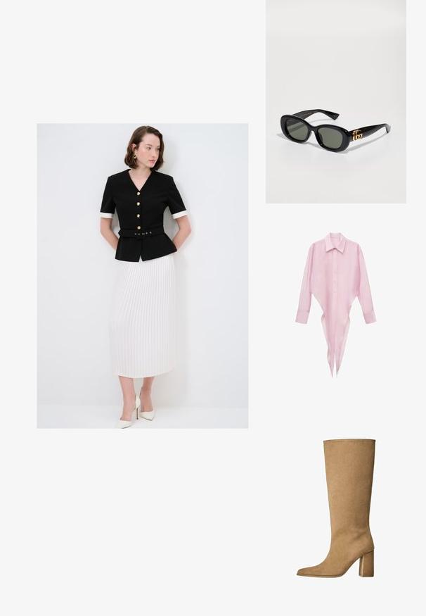 Vaaleanpunainen pitkähiha, jossa on terävä helma, napitettavat etuosat ja klassinen kaulus. Kevyt, läpikuultava kangas, jossa on sileä rakenne.; Musta räätälöity bleiseri kultaisilla napeilla ja vyötärölle sidotulla vyöllä, yhdistettynä laskostettuun valkoiseen hameeseen. Valkoiset korkokengät viimeistelevät asun.; Vaaleanruskeat mokka pitkävartiset saappaat, joissa on loiva korko, terävä kärki ja sileä pinta. Minimalistinen muotoilu ilman koristeita.; Mustat muoviset aurinkolasit, joissa on vihreät linssit, ovaalin muotoiset ja kultaiset logot yksityiskohdat temppeleissä. Sileä pinta ja kiiltävä viimeistely.; Musta nahkainen käsilaukku, jossa on teksturoitu pinta, tyylikäs muotoilu, lyhyt hihna ja kultainen logoaccentti. Taustalla vaalean värinen kangas.; Kultainen suorakulmainen rannekello, jossa on kuvioitu vaaleanvihreä kellotaulu, kaksi mustaa tuntimerkkiä, kultainen metalliranneke ja minimalistinen muotoilu.; Musta hiuspanta-fascinaattori, joka on valmistettu läpikuultavasta tyllistä. Siinä on kerroksellisia silmukoita ja keskellä nauhakiinnitys. Rakenne on langoittetty muotoilua varten.