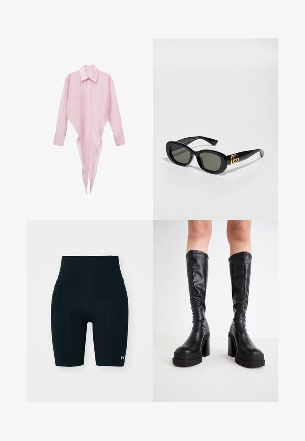 Lyserød langærmet skjorte med spids kant, knaplukning front og klassisk krave. Letvægts, gennemsigtig stof med en glat tekstur.; Sorte atletiske shorts lavet af strækbart stof, med høj talje og sidelomme. Glat tekstur med flade sømme og logoaccent.; Sorte knælange støvler i glat læder, med en tyk platform og blokhæle, samt stikninger langs kanterne.; Sorte plastiksolbriller med grønne linser, der har en oval form og gulddetaljer på stængerne. Glat overflade og blank finish.; Sort nylon crossbody taske med justerbar rem, prydet med et fremtrædende hvidt logo. Bæres over en lyseblå t-shirt. Simpelt, funktionelt design.