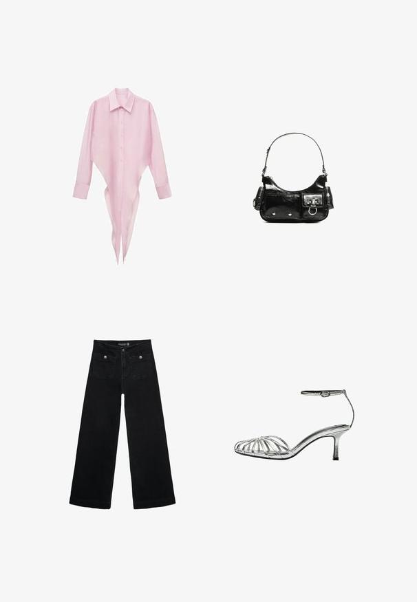 Rosa Langarmshirt mit spitzem Saum, Knopfleiste und klassischem Kragen. Leichte, durchsichtige Stoff mit glatter Textur.; Schwarze, weit geschnittene Jeans mit hoher Taille, die zwei Fronttaschen und metallene Knopfakzente aufweist. Der Stoff hat eine glatte Textur.; Silberne Sandale mit Riemchen und niedrigem Absatz, ausgestattet mit mehreren überkreuzten Riemen, einem Knöchelriemen mit Schnalle und einer glatten, glänzenden Oberfläche.; Schwarze Lackleder-Handtasche mit geschwungenem Design, einem Schulterriemen, Vordertaschen und silberfarbenen Hardware-Akzenten.