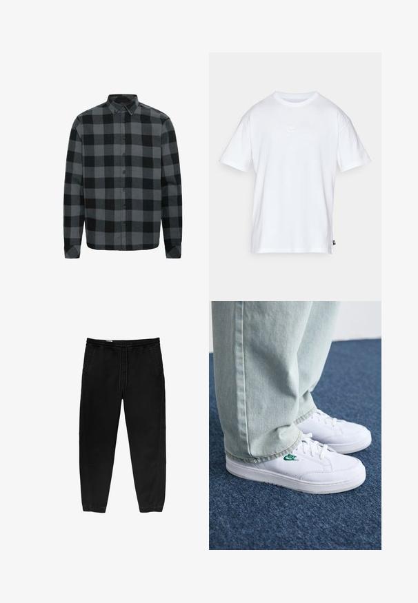 Siva in črna karirasta flanelasta srajca z dolgimi rokavi, gumbasto ovratnikom in sprednjimi gumbi. Mehak material z ohlapnim krojem.; Bela bomba iz bombaža s kratkimi rokavi in okroglo ovratnikom. Ima majhen, diskreten Nike logotip na prsih in stranski etiket.; Črne hlače z elastičnim pasom in vrvico, ožji nogi, stranskimi žepi in subtilnimi detajli šivanja na straneh. Mehka bombažna tekstura tkanine.; Bela usnjena športna obutev z zelenim Nike logotipom, okrogla konica, ravna podplat, v kombinaciji z svetlo modrimi kavbojkami, prikazana na modrem preprogu.