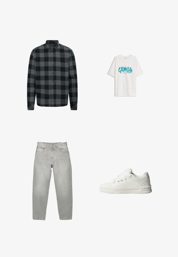 Camicia in flanella a quadri grigi e neri con maniche lunghe, colletto button-down e bottoni frontali. Tessuto morbido con una vestibilità rilassata.; Bershka SHORT SLEEVE - T-shirt con stampa - white; Jeans in denim grigio chiaro con una vestibilità rilassata, vita media, design a cinque tasche e gambe dritte. Texture liscia con una leggera sfumatura.; Sneaker bianche con un esterno in pelle liscia, linguetta imbottita, lacci piatti e accenti testurizzati sui lati e sul tallone.