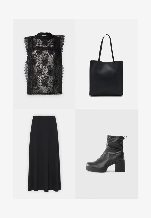 Top de renda preta com padrões florais, gola alta e detalhes de ombreiras com babados. Textura transparente com detalhes intrincados nas bordas.; Saia maxi em preto sólido. Design evasé com uma textura suave e cintura elástica. Sem padrões ou acentos visíveis.; Botas de tornozelo pretas feitas de couro liso, com fecho lateral, salto grosso texturizado e design de bico arredondado.; Bolsa tote preta em couro com textura lisa, forma retangular e duas alças longas. Sem hardware ou enfeites visíveis.