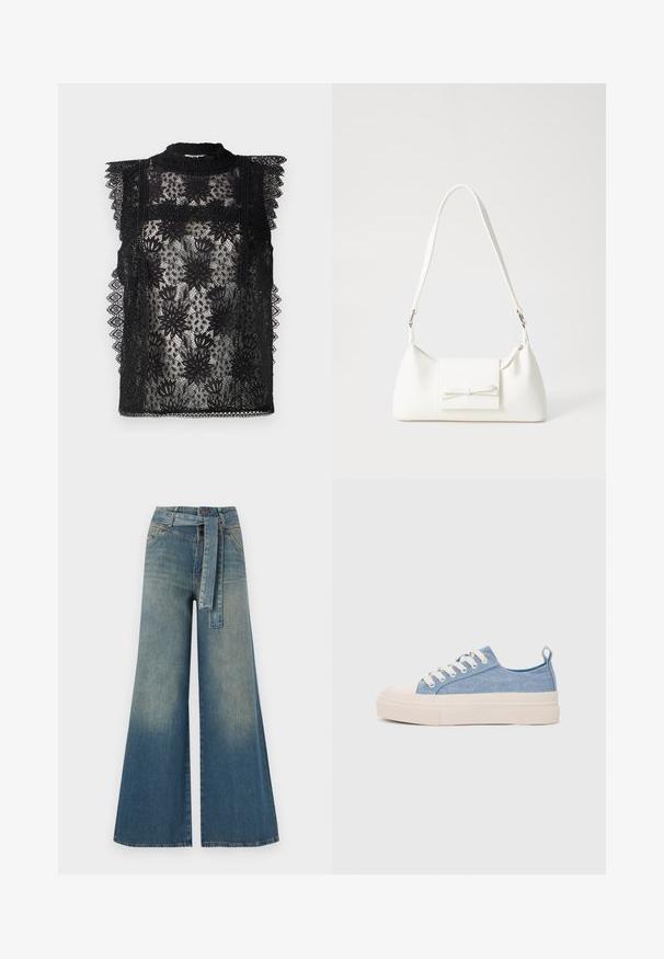 Μαύρη δαντελένια μπλούζα με λουλουδάτα σχέδια, ψηλή λαιμόκοψη και ρέουσες λεπτομέρειες στους ώμους. Διαφανής υφή με περίπλοκες λεπτομέρειες κατά μήκος των άκρων.; Πολυάριθμα τζιν παντελόνια με φαρδύ πόδι που διαθέτουν ένα ελαφρύ έως σκούρο μπλε gradient, ψηλή μέση, θηλιές ζώνης και μια ταιριαστή ζώνη από το ίδιο ύφασμα. Υφή τζιν.; Ανοιχτό μπλε καμβά αθλητικά παπούτσια με κρεμ καουτσούκ στη μύτη και την εξωτερική σόλα, διαθέτοντας λευκές κορδόνες και λαβή στον τακούνι.; Λευκή συνθετική τσάντα σε τριγωνικό σχήμα, με επίπεδη μπροστινή καπάκι και λεπτομέρεια φιόγκου, ρυθμιζόμενο λουράκι, απαλή υφή και μινιμαλιστικό σχέδιο.