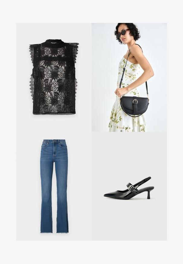 Juodas nėriniuotas viršus su gėlių raštais, aukštu kaklu ir raukšlėmis ant pečių. Permatoma tekstūra su sudėtingais apdailos elementais.; Palaidiniai melsvi džinsai su aukštu liemeniu, kuriuose yra nusidėvėjusi apatinė dalis ir penkių kišenių dizainas. Lygi tekstūra su subtiliu blukimu.; Juodai lakuoti slingback aukštakulniai su smailiu kojų pirštu ir mažais blokiniais kulniukais, su sidabro sagtimi ant dirželio.; Juodas odinis krepšys su išlenkta forma, nuimamu dirželiu ir auksiniais detalėmis. Krepšys turi kilpą su sagtimi.