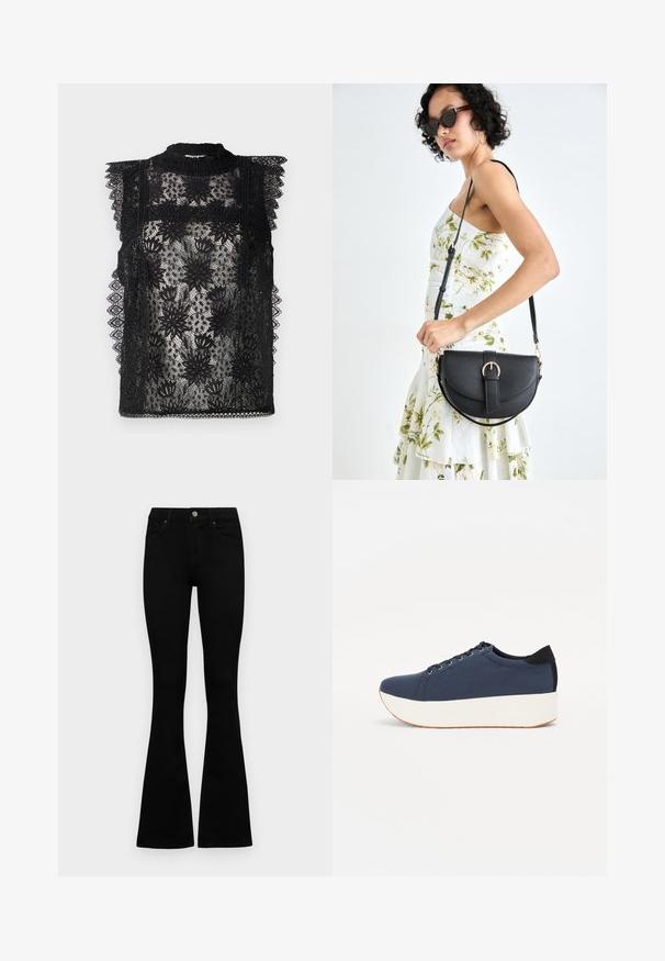 Black lace top with floral patterns, high neckline, and ruffled shoulder accents. Sheer texture with intricate detailing along edges.; Black high-waist jeans with a button and zip closure, front pockets, and flared legs laid flat on a white background.; Navy blue sneaker with a textured fabric upper, white platform sole, rounded toe, and black heel accent. Features six eyelets for laces.; Black leather handbag with a curved shape, detachable strap, and gold hardware. The bag features a flap with a buckle detail.