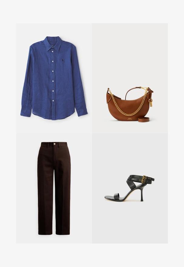 Košulja dugih rukava s gumbima, izrađena od glatkog plavog lana. Ima ovratnik, regularan kroj i mali logo na prsima.; Tamno smeđe ravne hlače s gumbom i patentnim zatvaračem, petljama za remen i prednjim džepovima na bijeloj pozadini.; Crne sandale s petom sa preklapanim trakama i podesivim kopčanjem. Imaju glatku teksturu i suženi stiletto potplat.; Smeđa kožna torba s ovalnim dizajnom, zlatnim lancem za nošenje, unutarnjim džepom i odvojivim remenom za rame. Sadrži kontrastne šavove.