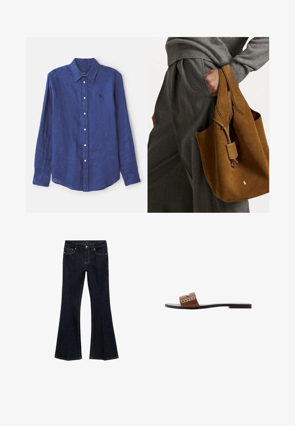 Långärmad skjorta med knapp, tillverkad av glatt blått linne. Har en krage, vanlig passform och en liten logotyp på bröstet.; Mörkblå jeans i denim med hög midja, framfickor och vidare ben, uppvisade platt på en vit bakgrund.; Bruna lädersandaler med platt sula, med en bred rem och vita geometriska detaljer för en minimalistisk design.; Brun mocka toteväska med rund form, dubbla handtag och en metallutsmyckning. Har en liten logotyp på framsidan.