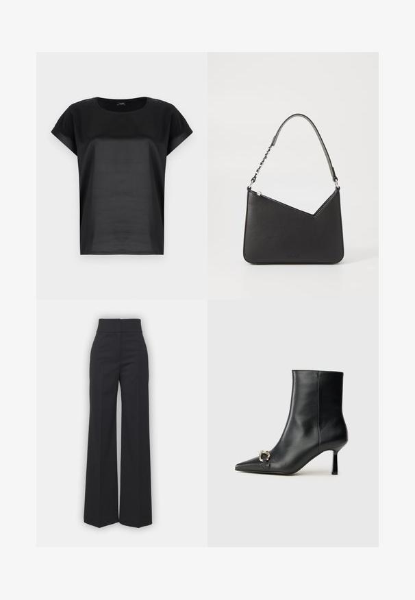 Black T-shirt made of smooth fabric, featuring a round neckline and short, rolled sleeves. Simple design with no patterns or embellishments.; Wide-leg trousers in black fabric with a high waistband, featuring a clean finish and smooth texture. No visible hardware or patterns.; Black leather ankle boot with pointed toe, slim mid-height heel, and silver buckle detail on side against plain background.; Black leather handbag with a triangular shape, a slim strap, and silver hardware. Features a zip closure and embossed logo on the front.