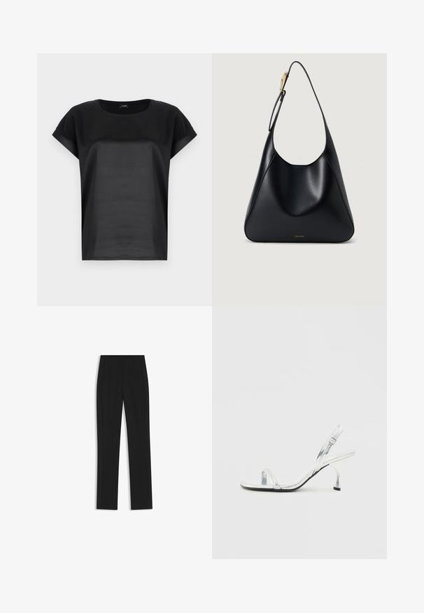 Black T-shirt made of smooth fabric, featuring a round neckline and short, rolled sleeves. Simple design with no patterns or embellishments.; Black tailored trousers with a straight-leg design, featuring front pockets and a smooth, textured fabric. Neat, minimal detailing.; Silver patent leather slingback high heel sandal with a narrow toe strap, adjustable buckle, and a slender heel.; Black leather shoulder bag with a smooth texture, curved silhouette, and a gold hardware accent. Features embossed brand logo at the base.