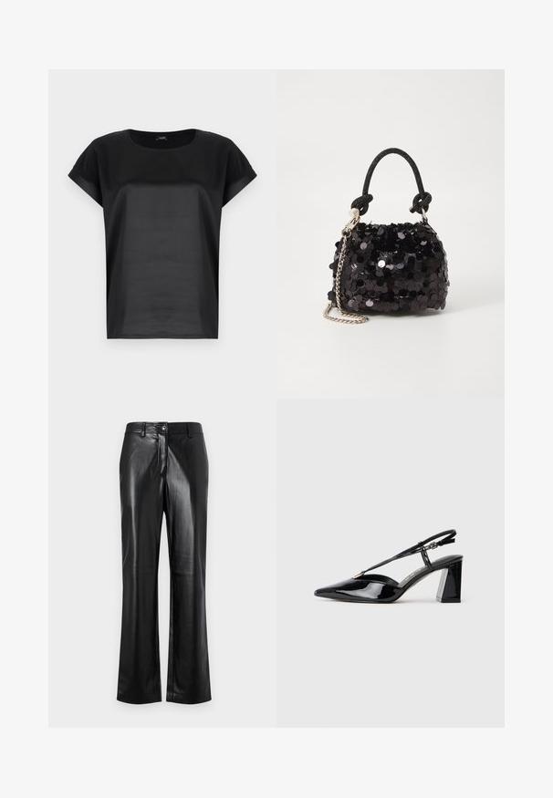Schwarzes T-Shirt aus glattem Stoff, mit Rundhalsausschnitt und kurzen, umgeschlagenen Ärmeln. Einfaches Design ohne Muster oder Verzierungen.; Schwarze Lederhosen mit geradem Bein, ausgestattet mit einem vorderen Knopfverschluss, Gürtelschlaufen und einer glatten, polierten Oberfläche.; Schwarze lackleder Slingback-High-Heels mit spitz zulaufender Zehenpartie, verstellbarem Riemen und klobigem rechteckigem Absatz.; Schwarze Pailletten-Mini-Handtasche mit einem geknoteten, strukturierten Tragegurt und einer silbernen Kette. Abgerundete Form mit gerafftem oberen Teil und reflektierenden Details.