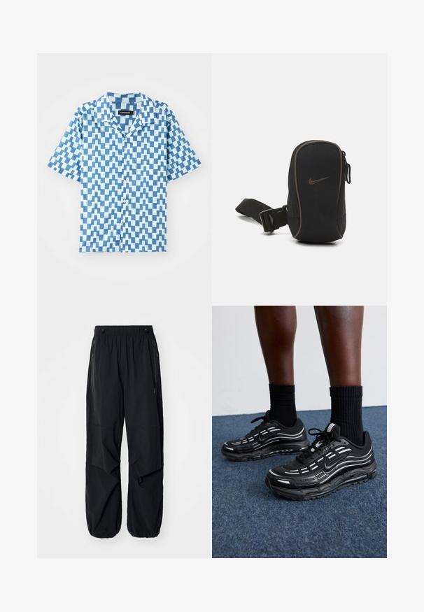 Cămașă cu mânecă scurtă, în nuanțe de albastru, cu un model geometric în zigzag, realizată dintr-un material ușor. Are un guler clasic și o croială normală.; Pantaloni cargo ușori negri, cu talie elastică, fermoare laterale și buzunare încăpătoare. Au un croi lejer și manșete evazate.; Pantofii negri Nike au un superior din plasă cu dungi accentuate, șireturi texturate și o talpă din cauciuc negru. Purtați cu șosete negre cu model rib. ; Pungă neagră Nike cu închidere cu fermoar, fabricată dintr-un material texturat, cu accente maro și o curea detașabilă. Prezintă un logo Nike proeminent pe partea din față.