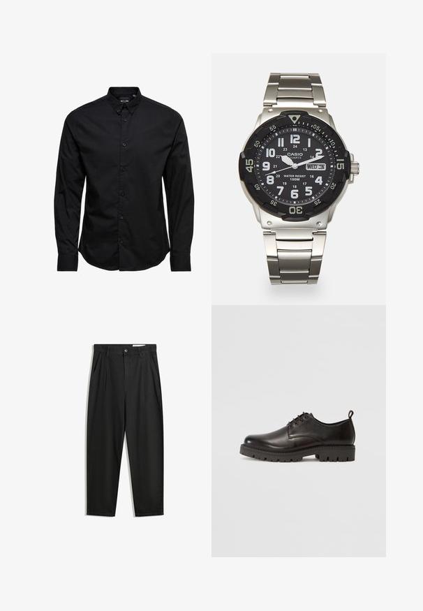 Schwarze Langarmhemd mit Knopfleiste aus Baumwolle. Es verfügt über einen klassischen Kragen, vordere Knöpfe und einen geraden Saum ohne Muster oder Verzierungen.; Schwarze Baumwollhose mit lockerem Schnitt, ausgestattet mit einem klassischen Bund, vorderen Falten und Seiten taschen. Glatte Textur ohne Muster.; Schwarze Leder Schnürschuhe mit glatter Oberfläche, runder Spitze, dicker Gummisohle mit Profilmuster und einer kleinen Fersenschlaufe.; Metallquarzarmbanduhr mit schwarzem Zifferblatt, weißen Ziffern und Datumsanzeige. Verfügt über ein Edelstahlarmband und eine Wasserdichtigkeit von 100m.