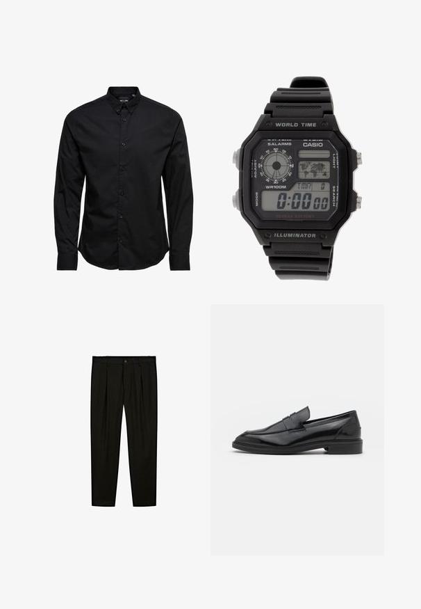 Czarna, długorękawowa koszula zapinana na guziki z bawełny. Posiada klasyczny kołnierzyk, guziki z przodu oraz prosty dół bez wzorów ani ozdobników.; Czarne dopasowane spodnie wykonane z gładkiego materiału. Cechy to płaski przód, szerokie nogawki i zapięcie na guzik w pasie.; Czarne skórzane mokasyny o gładkim wykończeniu, z zaokrąglonym noskiem i wąskim paskiem na górze. Niski, warstwowy obcas.; Cyfrowy zegarek na nadgarstek z czarnym gumowym paskiem, prostokątną kopertą i szkłem. Wyświetla czas, mapę stref czasowych oraz przyciski do alarmu i podświetlenia.