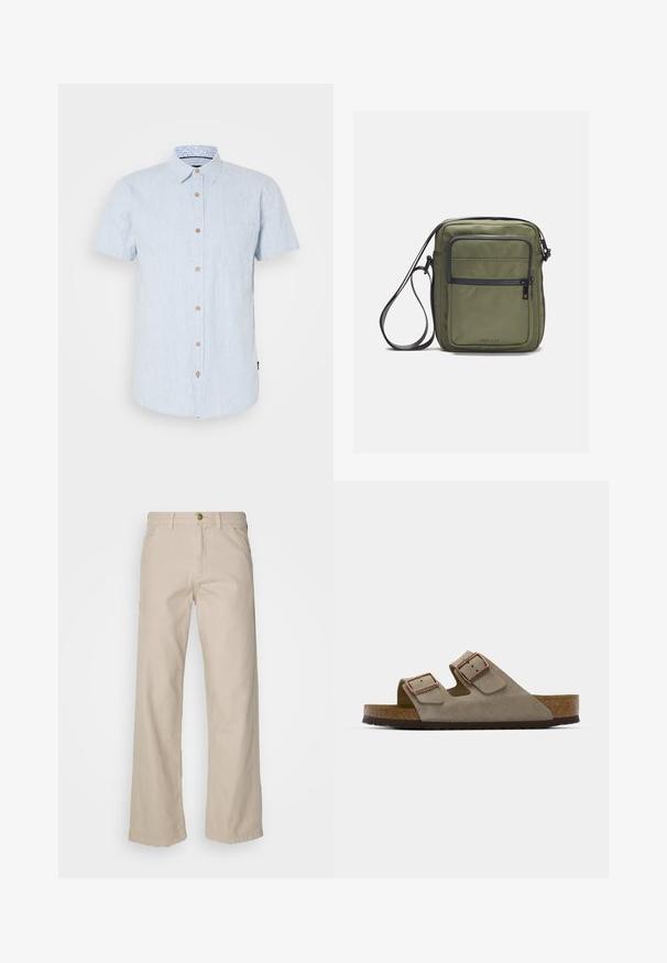 Helevarviga särk helesinisena valgete vertikaalsete triipudega. Omab nööpidega eesmist sulgemist, taskut ja mustrilist kraeliningit.; Beežist puuvillast laiad püksid viie taskuga, nööbiga ja vöödega; siledat tekstuuri, sirge lõike ja äärega.; Heledad sandaal erepunasel hallil kahe reguleeritava pandlaga, korkkeskmise taldaga ja tekstuuriga kummitald.; Oliivroheline rippkott sileda tekstuuriga, millel on ees luku-tasku ja reguleeritav rihm. Valmistatud vastupidavast nailonmaterjalist.