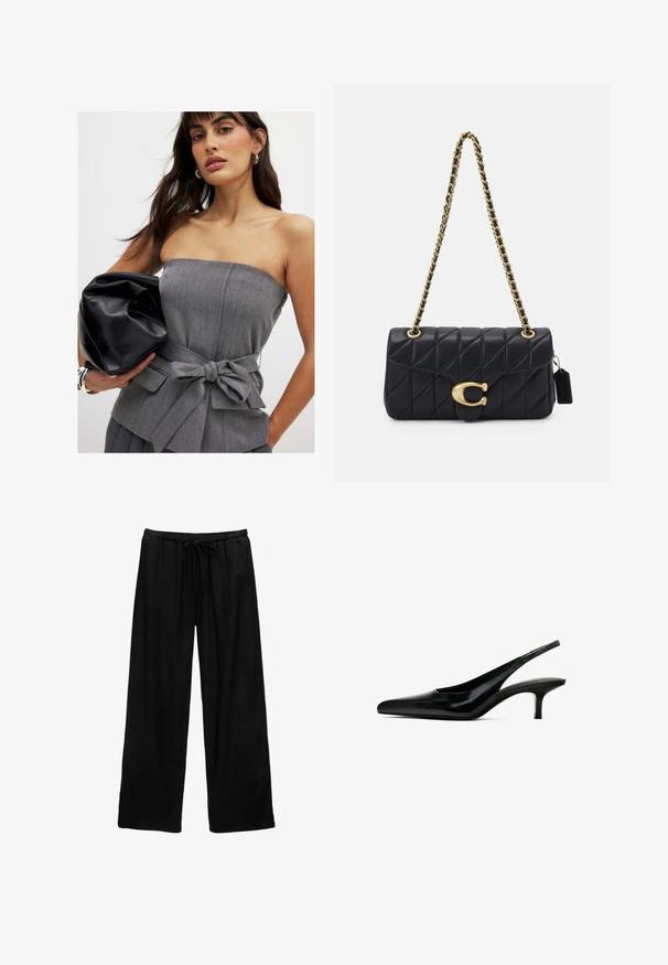 Grijze strapless top met een ceintuur en strikdetail, gecombineerd met een zwarte, gekreukelde leren clutch. Gladde textuur en op maat ontworpen.; Zwarte wijde broek van lichtgewicht stof met een elastische tailleband en een trekkoord. Eenvoudig ontwerp, geen patronen of hardware.; Zwarte slingback schoen met puntige neus, afgewerkt in glanzend leer en met een dunne, lage hak. Bevat een uitsnede aan de zijkant voor ademend vermogen.; Zwarte, gequiltte handtas met een gouden kettingband, uitgerust met een onderscheidende gouden sluiting en een klein label, die een gestructureerde leren oppervlakte toont.