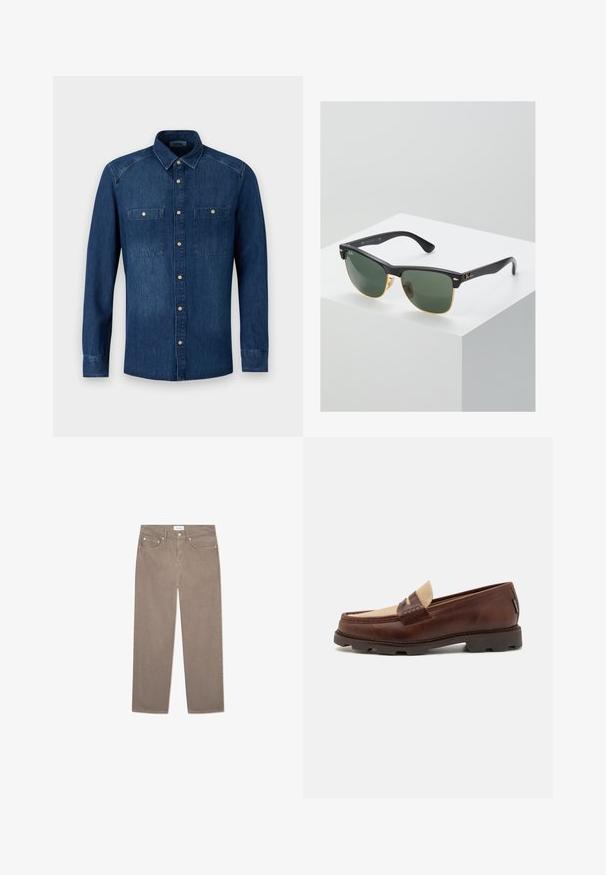 Temno modra denim srajca z dolgimi rokavi, s kragnjo na gumb, dvema žepoma na prsih in gumbi v zlatem tonu. Gladka tekstura in kroj, ki lepo prilega.; Bela bombažna majica brez rokavov z okroglo izrezom, širokimi naramnicami in ravnim robom, ki se ponaša z gladko teksturo in brez vidnih vzorcev.; Rjave kavbojke ravnega kroja, ki vsebujejo pet žepov, kovinsko opremo in gladko teksturo. Tkanina ima subtilen, enakomeren vzorec.; Rjave usnjene loafers čevlje s taupe platnenim dodatkom, šivanim detajlom in teksturiranim gumijastim podplatom, zasnovani za udobje in vzdržljivost.; Sončne naočale Ray-Ban z zelenimi lečami, črnimi plastičnimi okvirji in zlatimi poudarki na robovih. Kvadratna oblika z mat površino.