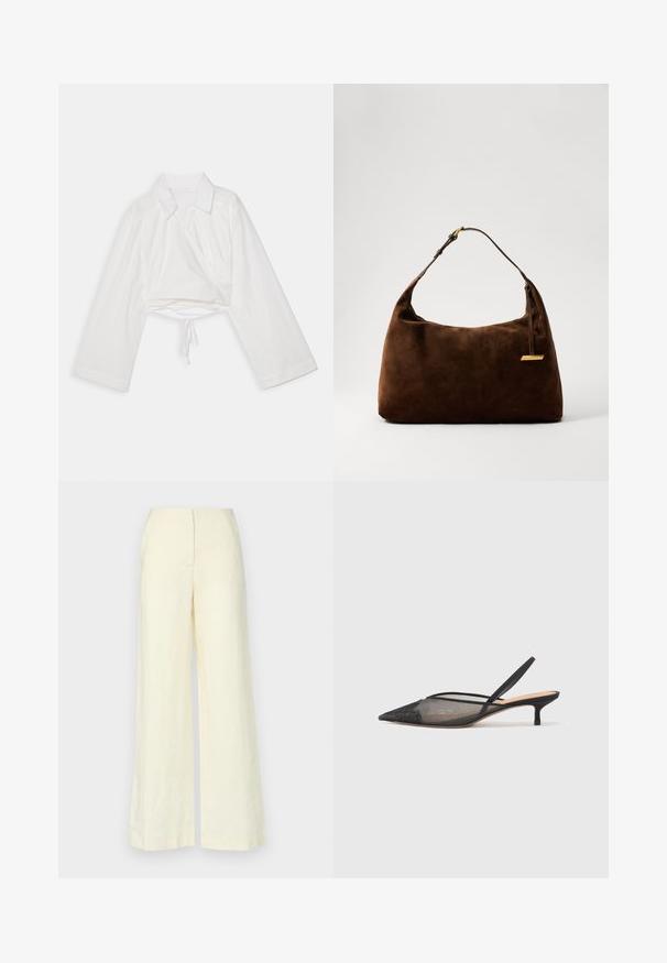 Valkea lyhythihainen paita, jossa on pitkät hihat, kaulus ja kietaisuosa. Mukana on solmimisnauha helmaosassa ja sileä, kevyt kankaan rakenne.; Faithfull the brand LULEA PANT - Housut - white; NEOUS IRENA - Avokkaat - black; Ruskea mokkanahkainen olkalaukku, jolla on kaareva muotoilu, ja jossa on kultasävyinen yksityiskohta sekä yksi säädettävä olkahihna. Liukas pinta, jossa on minimaalista yksityiskohtaisuutta.