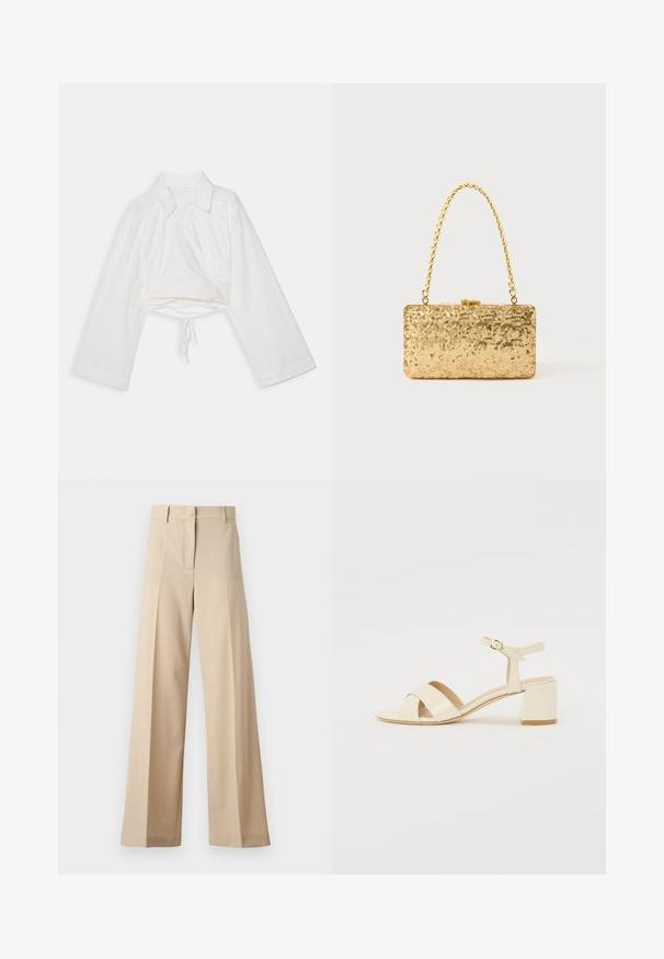 Camiseta blanca recortada con mangas largas, cuello y diseño envolvente. Presenta un lazo en el dobladillo y una textura de tela suave y ligera.; Pantalones de pierna ancha en beige, fabricados en un tejido suave, con un frente plano con pliegues, cremallera y presillas para cinturón. Ajuste entallado en general.; Sandalias de tacón de charol beige con diseño de tira cruzada, puntera abierta, correa ajustable en el tobillo y tacón cuadrado. Textura suave.; Clutch dorado de lentejuelas con forma rectangular, que presenta un asa de cadena trenzada y un cierre de metal, reflejando la luz con un acabado texturizado.