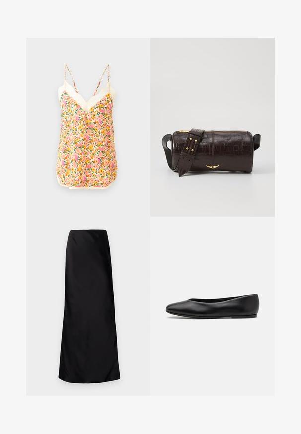 Il top camicia floreale presenta un vivace motivo di fiori rosa, arancioni e gialli, con spalline regolabili e un merletto decorativo al colletto.; Norma Kamali BIAS OBIE SKIRT - Gonna lunga - black; Paul Smith TOPANGA - Ballerine - black; Borsa in pelle stampata a coccodrillo marrone con forma cilindrica, accessori in tonalità oro e una tracolla staccabile con borchie.