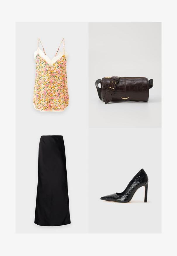 Floral cami top features a vibrant pink, orange, and yellow flower pattern, with adjustable straps and a decorative lace trim at the neckline.; Norma Kamali BIAS OBIE SKIRT - Maxi skirt - black; Black pointed-toe high heel shoe with a crocodile-skin texture, featuring a sleek design, high stiletto heel, and smooth black interior.; Brown crocodile-embossed leather bag with a cylindrical shape, gold-tone hardware, and a detachable strap featuring studs.