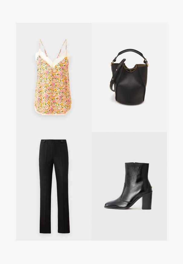 Floral cami top features a vibrant pink, orange, and yellow flower pattern, with adjustable straps and a decorative lace trim at the neckline.; Black tailored trousers with a straight leg, two front pockets, a button closure, and pleat detailing on the front. Smooth fabric texture.; Black leather ankle boot with a smooth texture, pointed toe, and a chunky high heel. Features a side opening and minimalistic design.; Black leather bucket bag with a textured finish, gold hardware accents, and an open top. Features a short handle and adjustable shoulder strap.