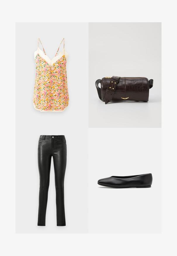 Floral cami top features a vibrant pink, orange, and yellow flower pattern, with adjustable straps and a decorative lace trim at the neckline.; Black leather pants with a fitted design, smooth texture, mid-rise waist, and subtle stitching details. Features front pockets and metal button.; Paul Smith TOPANGA - Ballet pumps - black; Brown crocodile-embossed leather bag with a cylindrical shape, gold-tone hardware, and a detachable strap featuring studs.
