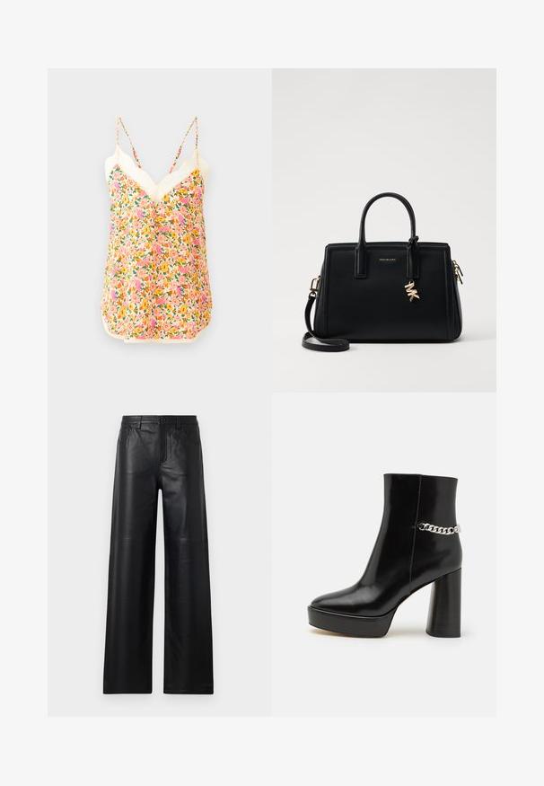 Das blumige Cami-Top zeichnet sich durch ein lebhaftes Muster in Pink, Orange und Gelb aus, mit verstellbaren Trägern und einer dekorativen Spitze am Ausschnitt.; Weite schwarze Lederhosen mit glatter Textur, ausgestattet mit Fronttaschen, einem Knopfverschluss und dezenten Steppnähten.; Schwarze Lackleder-Ankle-Boots mit plattenförmigem Absatz und hohem Blockabsatz. Verfügt über einen silbernen Kettenakzent an der Seite. Glatte Textur.; Schwarze Ledertasche mit strukturiertem Design, doppelten oberen Griffen, abnehmbarem Schulterriemen, goldfarbenen Beschlägen und einem Logo-Anhänger.